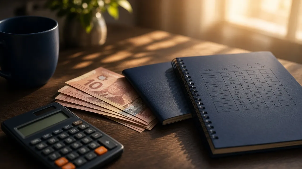 Calculatrice, billets de dollars canadiens, passeport et carnet de budget sur un bureau