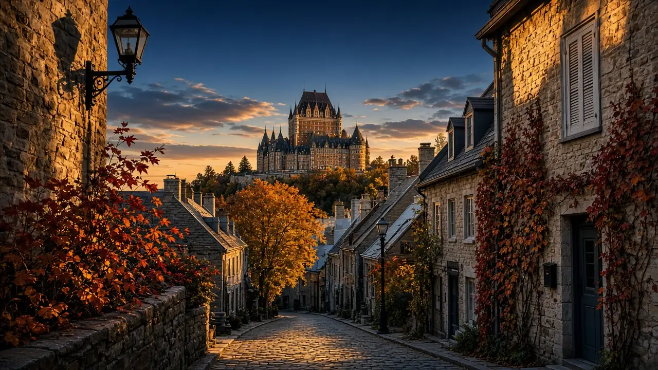 Rue pavée du Vieux-Québec en automne avec le Château Frontenac au coucher du soleil