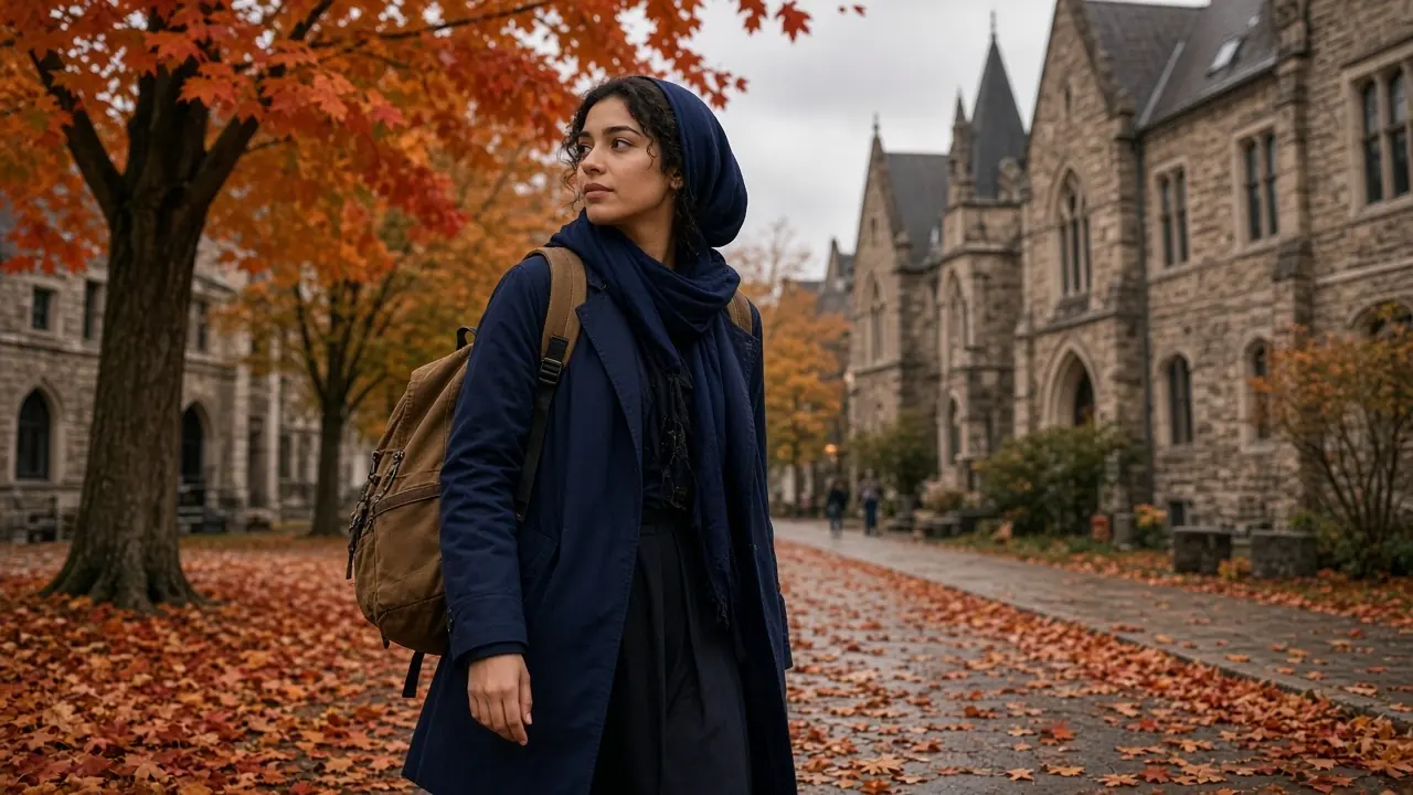 Étudiante marocaine sur un campus universitaire canadien en automne