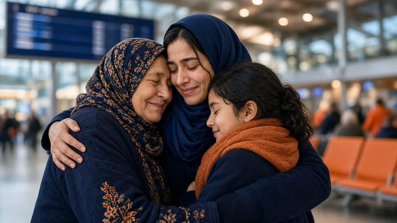 Grand-mère marocaine retrouvant sa fille et sa petite-fille dans le hall des arrivées d’un aéroport canadien