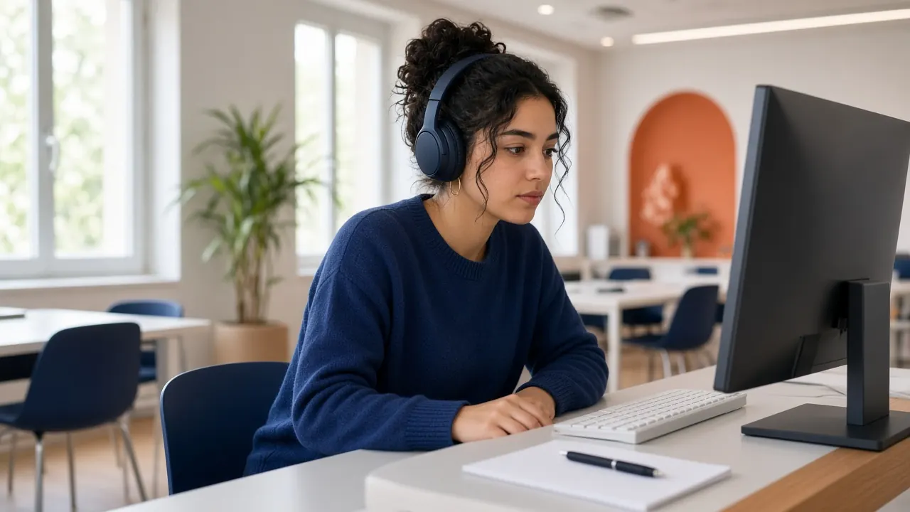 Candidate marocaine passant un test de français sur ordinateur avec un casque