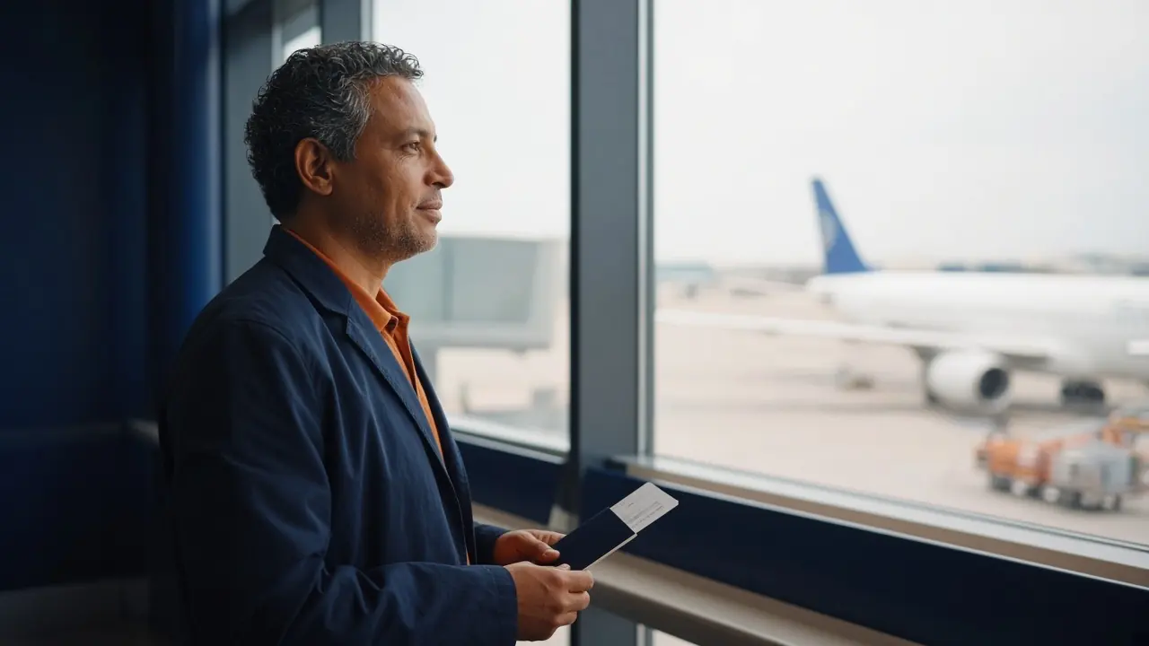 Voyageur marocain avec passeport et carte d’embarquement regardant un avion à l’aéroport